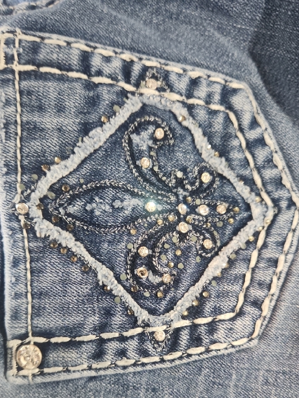 Miss Me Blue Wash Bootcut Jeans with Distressed Accents - Picture 4 of 7